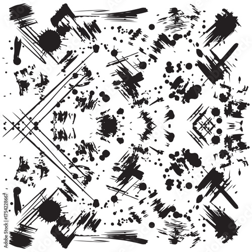 Abstract Black and White Ink Splatter Background with Brushstrokes and Drips