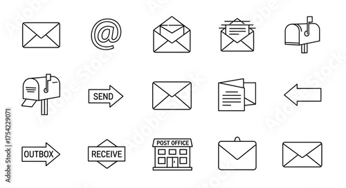 Mail and email icon set. Postal service communication outline symbols. Vector collection with envelope, letter, mailbox, post office, send, receive, and at sign icons.