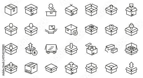 Box line icon set. Package and delivery symbols. Shipping and logistics graphic collection. Open, closed cardboard box. Unpacking parcel vector illustration. Moving and storage concept.