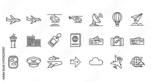 Set of Travel and Aviation Line Icons, Airplane, Helicopter, Hot Air Balloon, Passport, Boarding Pass, Luggage, Pilot Cap, Airport, Cloud, Globe Vector Elements for Travel and Transportation Design