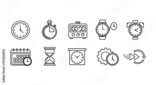 Set of time management icons collection with clocks, stopwatch, timer, wristwatch, alarm, calendar, hourglass, productivity, scheduling, and efficiency concept vector illustration