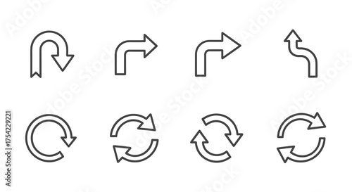Set of minimalist linear arrow icons for direction, rotation, U-turn, refresh, and circular motion concept, simple vector symbols for navigation, technology, and interface design