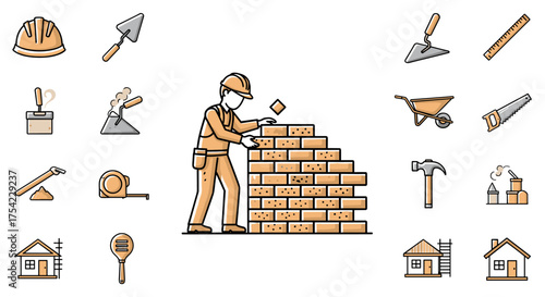 Construction worker building brick wall with masonry tools icons, helmet, hammer, trowel, saw, ruler, wheelbarrow, measuring tape, house construction vector illustration.