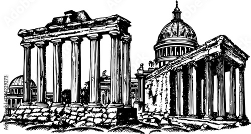 Engraving of a historic landmark featuring iconic architecture and intricate details. This vintage vector illustration showcases timeless columns and a dome in a set.