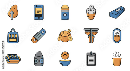 Vector icons set of lock mechanism key, access control devices, security padlocks, door locks, keycard, smart lock technology, digital and mechanical locking systems, protection and safety concept