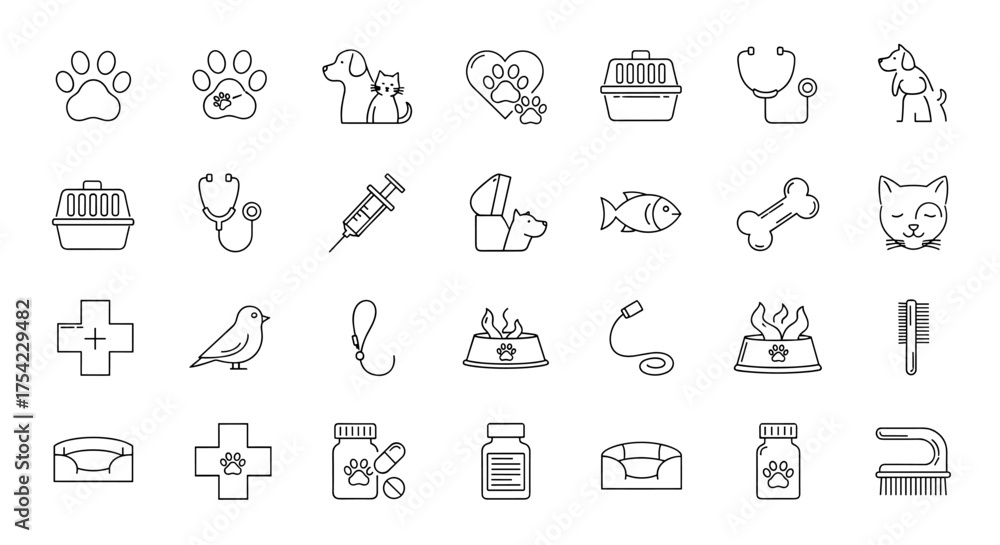 Fototapeta premium Collection of Linear Pet Care Icons with Dog, Cat, Veterinary Tools, Medication, Food Bowls, Fish, Bone, Bird, and Grooming Items for Animal Health and Wellness