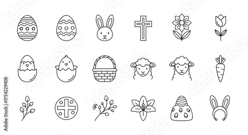 Easter line icon set. Thin linear symbols for spring holiday. Christian religion signs like cross, lamb. Cute animal bunny, chick. Egg hunt basket, flower, carrot vector graphic.