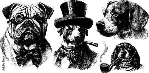 Vintage dog illustrations featuring a set of breeds in elegant attire. Clear line drawing vector art showcases character and style.