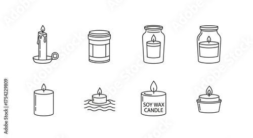 Collection of Minimalist Candle Icons Including Taper, Jar, Floating, Soy Wax, and Tea Light Candle Vector Illustrations for Aromatherapy and Home Decor