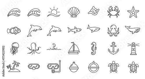 Marine and ocean icons collection with sea creatures, waves, shells, dolphins, sharks, whales, underwater animals, snorkeling gear, and nautical symbols for beach and sea themes