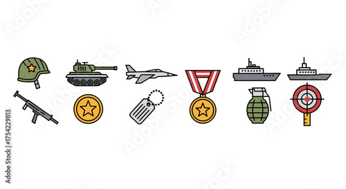Military icons set with helmet, tank, fighter jet, medal, dog tag, rifle, grenade, battleships, and target symbol for army, defense, combat, and warfare concept