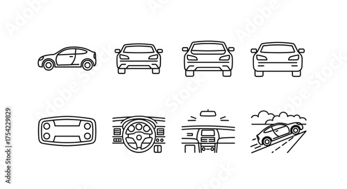 Car line icon set. Automotive transport symbols. Vehicle front, rear, and side view. Car interior. Dashboard, steering wheel, speedometer. Driving uphill on road. Transportation design vector graphic.