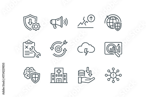 Crisis management line icon set, editable vector collection of risk control, emergency response, security, and disaster recovery symbols for business and healthcare