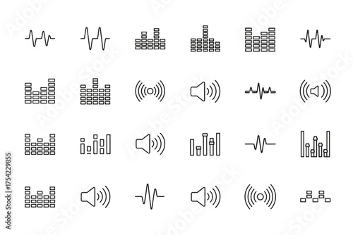 Collection of Sound Wave and Music Equalizer Icons, Audio Signal, Volume, Frequency Bars, Sound Visualization, Audio Control Symbols, Waveform and Speaker Vectors