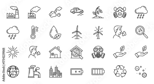 Environmental pollution and clean energy icons set with factory smoke, car emissions, gas masks, rain clouds, renewable wind turbines, and recycling symbols for ecology and sustainability