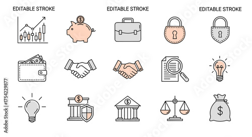 Financial and Business Icons Set, Editable Stroke Vector Illustrations of Investment, Savings, Security, Handshake, Wallet, Banking, Idea, Justice, and Money Bag Concepts for Finance and Law