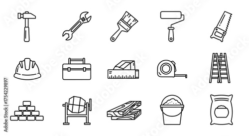 Construction and renovation tools vector icon set, hammer wrench paintbrush roller ladder helmet trowel toolbox measuring tape bricks cement mortar wood planks, building materials equipment