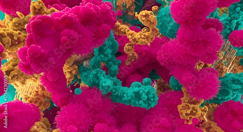 Abstract, colorful, microscopic-like forms and textures swirl, creating a visually rich composition