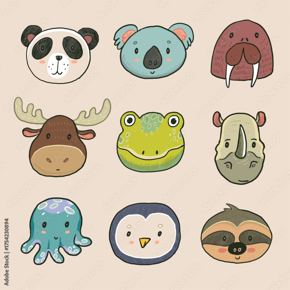 Obraz premium Cute animals set. Vector hand drawn illustration in cartoon style.
