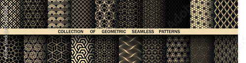 Geometric set of seamless black and golden patterns. Simple vector graphics