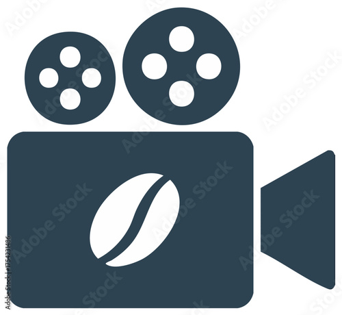 Movie camera with coffee bean design depicts films about coffee or caffeine industry