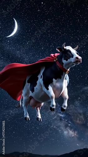 Flying cow with red cape at night sky. Superfarm animal fantasy concept. Milky way galaxy and crescent moon. Cosmic journey animation.