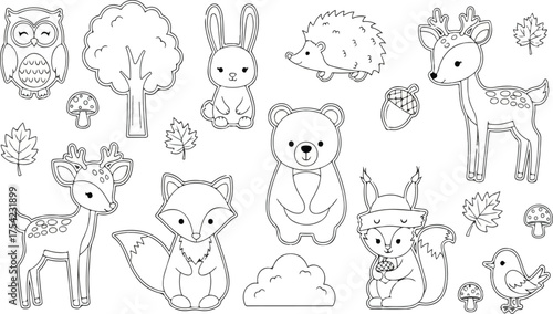 Cute woodland forest animal vector line art set for kids coloring pages and graphic crafts isolated on white