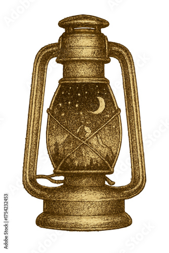 Hand drawn A mountain and night sky inside an old lamp