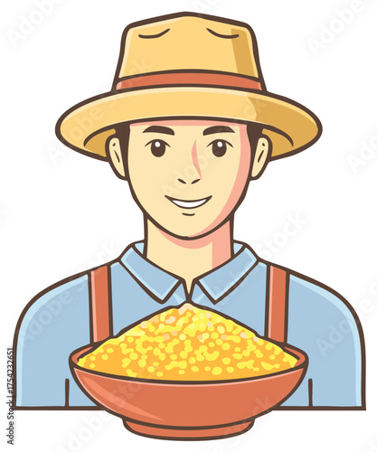 Farmer Holds Bowl of Corn, Wearing a Straw Hat, Agricultural Harvest Illustration, Countryside Lifestyle with Grain