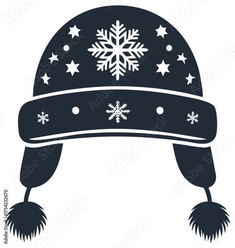 Winter Trapper Hat with Snowflakes and Stars Pattern Illustration