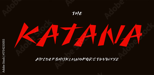 Japanese handwritten alphabet, samurai script lettering, red japan font for sushi logo, samurai banner headline, comic manga typographic, dynamic asian food restaurant typography. Vector typeset.