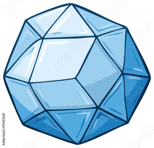 Shiny blue icosahedron crystal gemstone illustration in a cartoon style