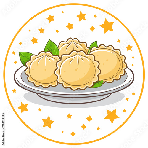 Illustration of delicious dumplings with scalloped edges served on a plate surrounded by stars, creating a celebratory food scene