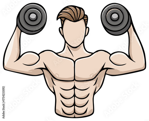 Muscular Man Lifting Weights Cartoon Illustration Physique Fitness Training