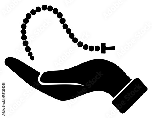 Praying hand silhouette holding a rosary with cross icon representing faith and devotion