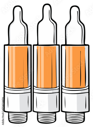Three orange liquid vape cartridges illustration for electronic smoking or CBD products