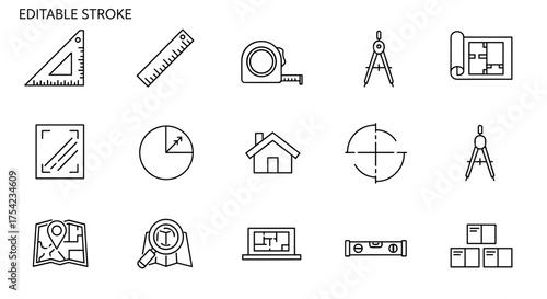 Architecture and engineering line icon set. Editable stroke vector icons for construction, blueprint, and design projects. Includes ruler, compass, tape measure, and house plan.