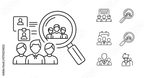 Human resources and recruitment line icon set. Concept of headhunting, hiring, candidate search, and finding staff. Vector illustration for team management, CV, personnel.