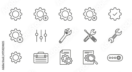 Settings and configuration thin line vector icon set. Gear, cogwheel, tools for repair, setup and maintenance. Wrench, screwdriver, toolbox, system preferences symbol.