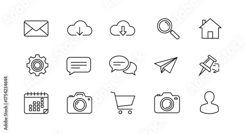 Universal web line icon set. UI UX essentials pack. Thin outline symbols for website and mobile app. Mail, search, home, settings, camera, cart, user, download icons.