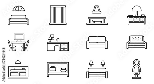 Furniture and home decor line icon set. Vector collection of interior design elements. Outline pictograms of sofa, table, chair, bed, lamp for web, app and print media.
