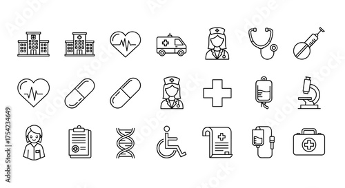 Medical icon collection. Healthcare line icons set. Vector outline symbols for hospital, medicine, doctor, nurse, heart, dna, ambulance, clinic, pharmacy, and science.