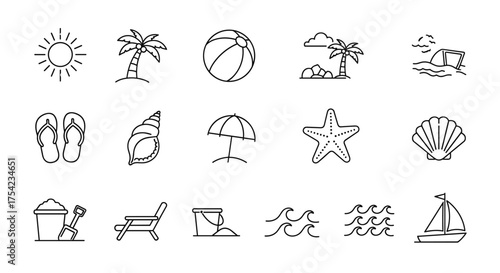 Summer beach line icons set. Vacation travel holiday thin linear pictogram collection. Sun, palm tree, shell, starfish, boat, umbrella minimal outline vector symbols for web.