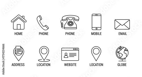 Contact us icon set. Business card and website communication symbols. Line art vector collection with home, phone, mobile, email, address, location, and globe pictograms.
