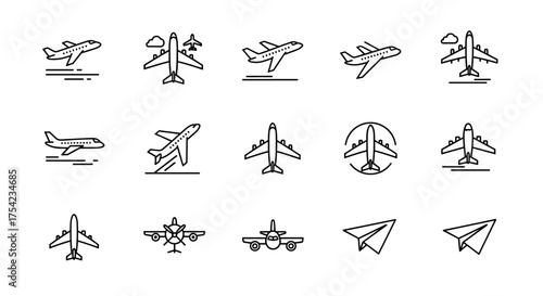 Airplane line icon set for travel and transport concepts. Vector collection of plane symbols, including takeoff, flight, landing, jet, airliner, and paper plane pictograms.