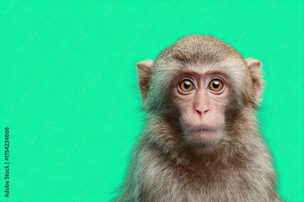 Fototapeta premium Cute Portrait of monkey isolated on green color background. Funny ape in front looking at the camera. Space for text. Funny animal snout on studio backdrop. Wildlife, African. Wild animals. Copy space