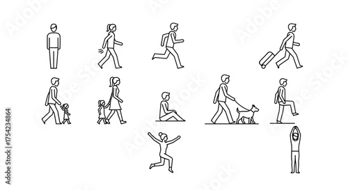 Set of people line icons. Man, woman, and child figures in various activities. Walking, running, traveling with luggage, dog walking, family concept. Pictogram symbol set.