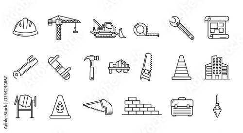 Construction line icon set for building and engineering. Vector collection of industrial tools and equipment. Hard hat, crane, excavator, hammer, saw and blueprint symbols.