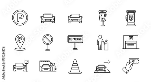 Car parking line icon set. Urban transport and traffic symbols. Vector collection includes parking zone sign, garage, no parking, ticket machine, payment and location pin.