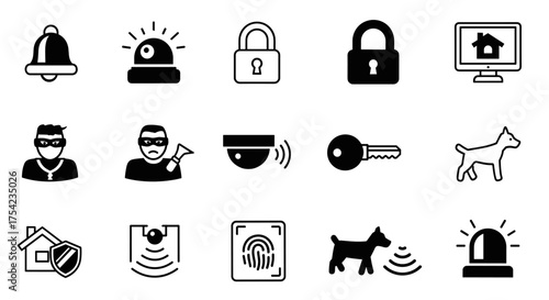 Home security system and burglary prevention icon set. Vector glyphs of thief, cctv camera, alarm siren, guard dog, padlock, key, fingerprint scan and house protection.